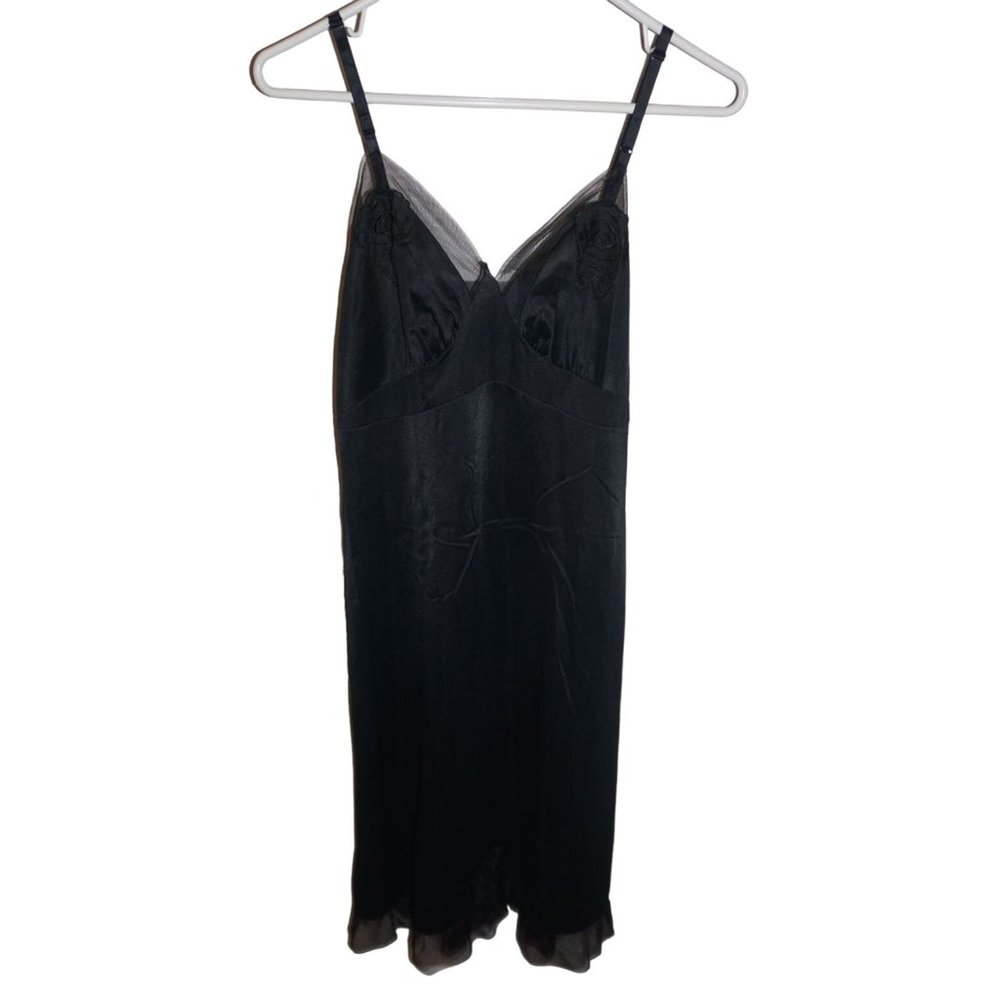 Vintage Mojud Black Slip Dress Chiffon Neck Floral Applique Ruffled Size 36